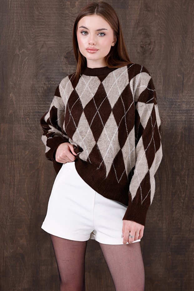 Brown Baklava Pattern Crew Neck Oversize Knitwear Women's Sweater