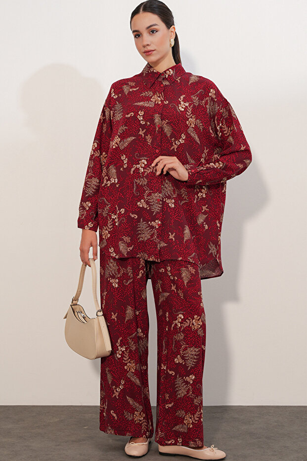 Women's Patterned Oversize Shirt and Trousers Two-Piece Set 30098 - Claret Red