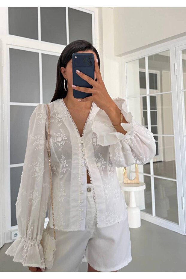 White Embroidered Balloon Sleeve Premium Shirt