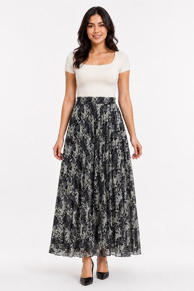 Women's Patterned Elastic Waist Lined Long Pleated Chiffon Skirt - Desen9