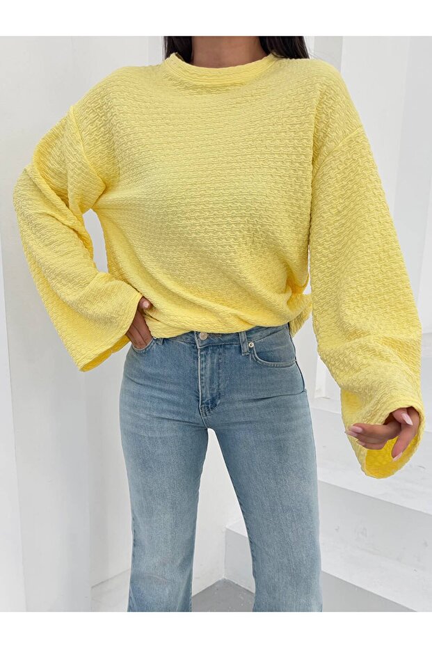 Women's Yellow Seersucker Textured Wide Sleeve Blouse Frv0230