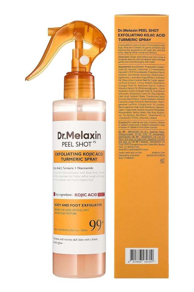Dr. Melaxin Peel Shot Kojic Acid Turmeric Exfoliating Body Spray 200ml – Advanced Body and Foot Care Formula with Kojic Acid, Turmeric and Niacinamide for Smoother, Brighter, More Radiant-Looking Skin