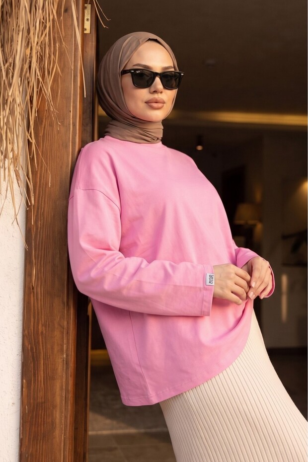 Crew Neck Long Sleeve Oversize Combed Cotton Sweatshirt -Pink