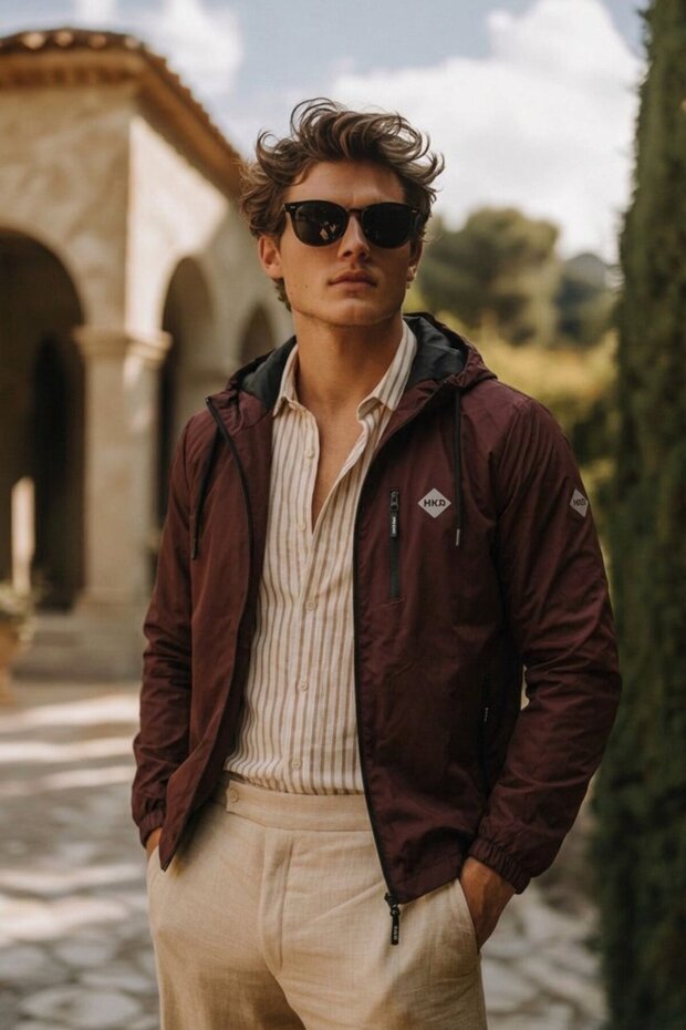 Men's Seasonal Trend Hooded Zippered Claret Red Raincoat & Windbreaker