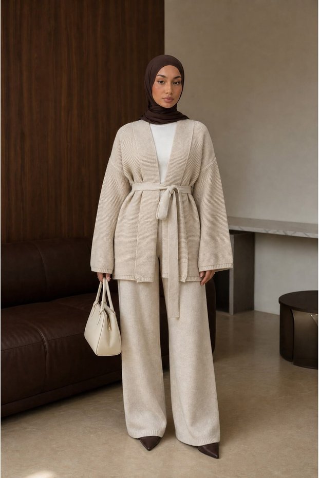 Women's Comfortable Cut Kimono Collar Belted Hijab Knitwear Double Set