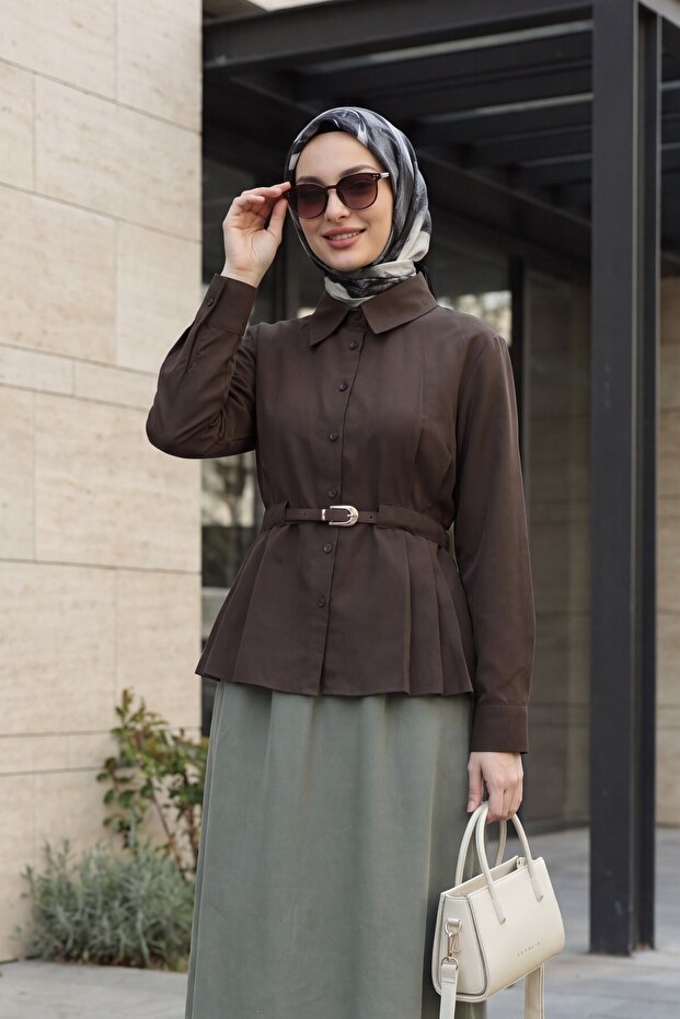 Belt Detailed Pleated Long Sleeve Shirt - Brown