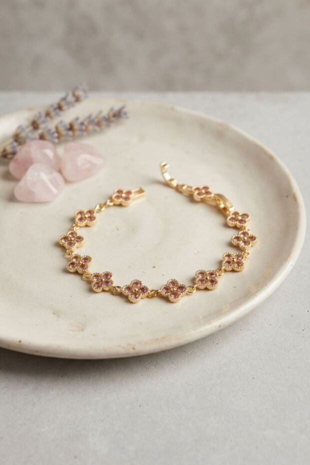 Gold Color Pink Zircon Stone Clover Model Women's Bracelet