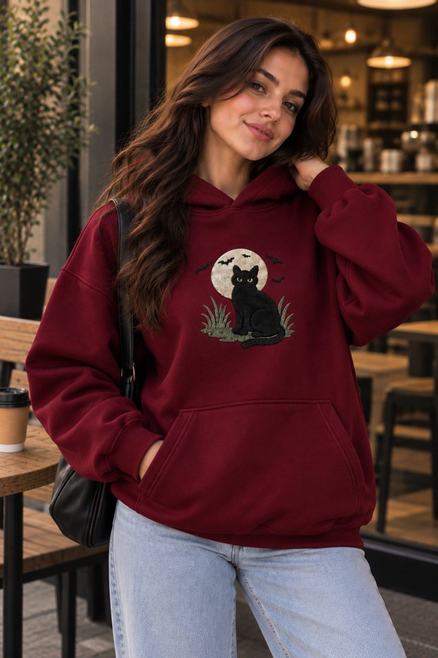 Women's Oversize Cat Printed Hooded Sweatshirt 3 Thread Kangaroo Pocket Comfortable Fit Daily Wear Sports Casual Hoodie