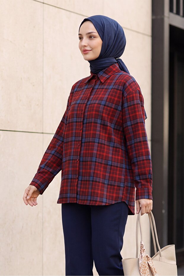 Plaid Patterned Oval Cut Oversize Shirt -Red