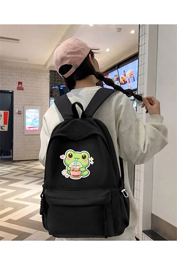 Black Cute Frog Printed School, Class, Course Backpack