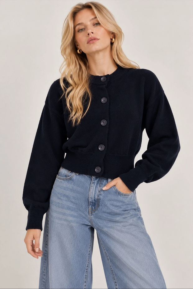 Women's Navy Blue Buttoned Long Sleeve Short Crop Knitwear Cardigan (S/M)