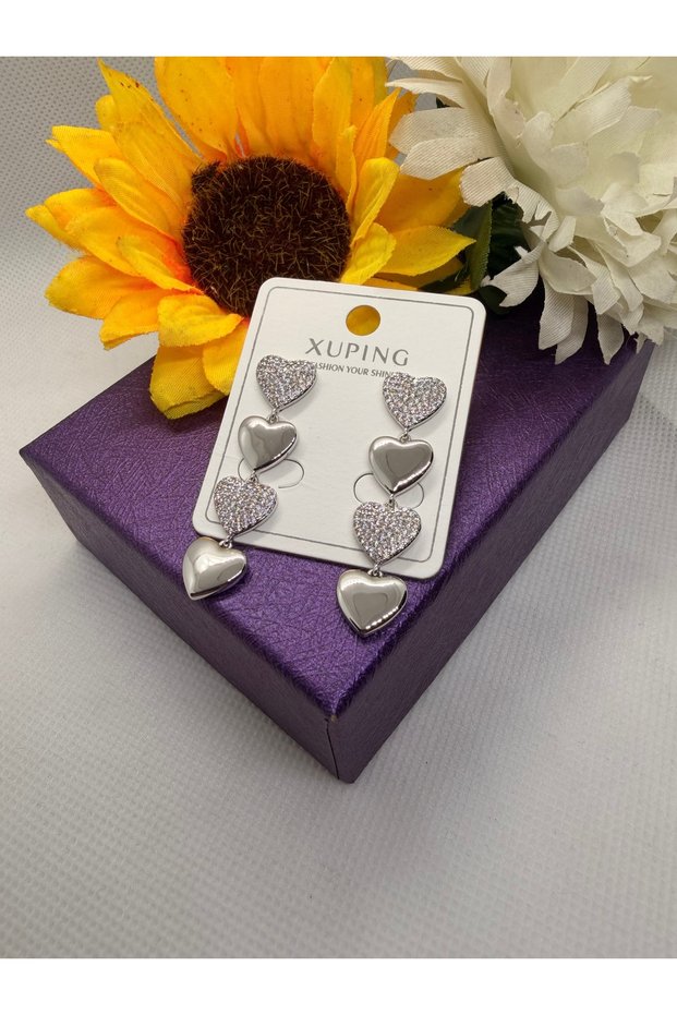 Zircon Stone Silver Color Hanging Heart Model Steel Earrings