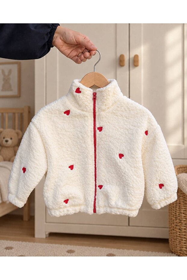 Girl's Cherry Embroidered Winter Plush Coat with 100% Cotton Lining and Zipper, Ages 1-2-3