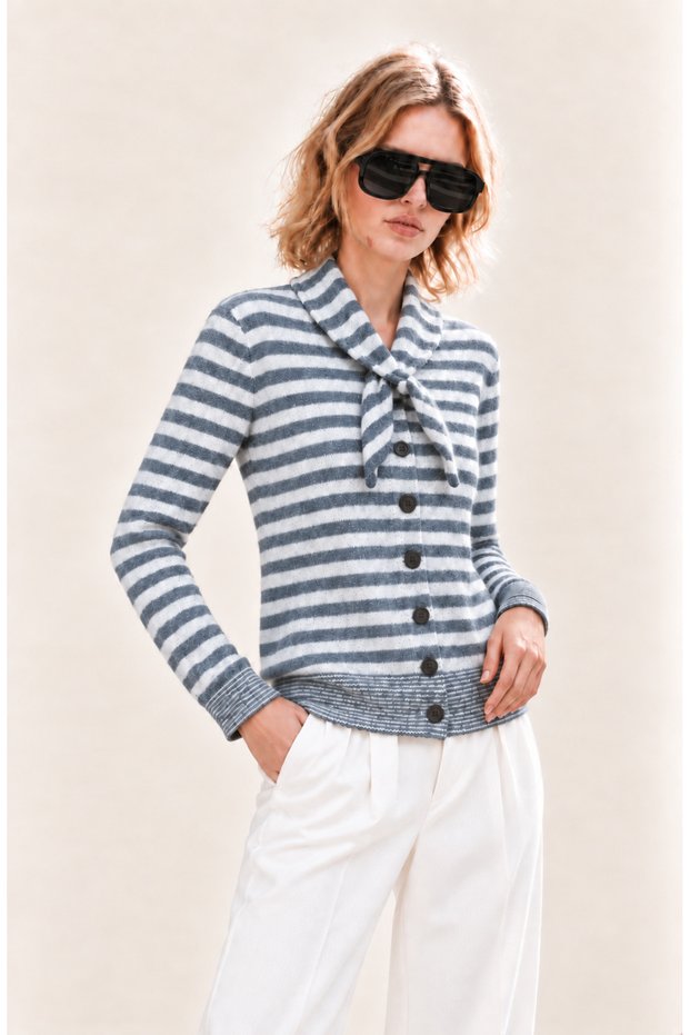 Women's Soft Textured Striped Knitwear Cardigan Scarf Collar Buttoned Long Sleeve Cardigan