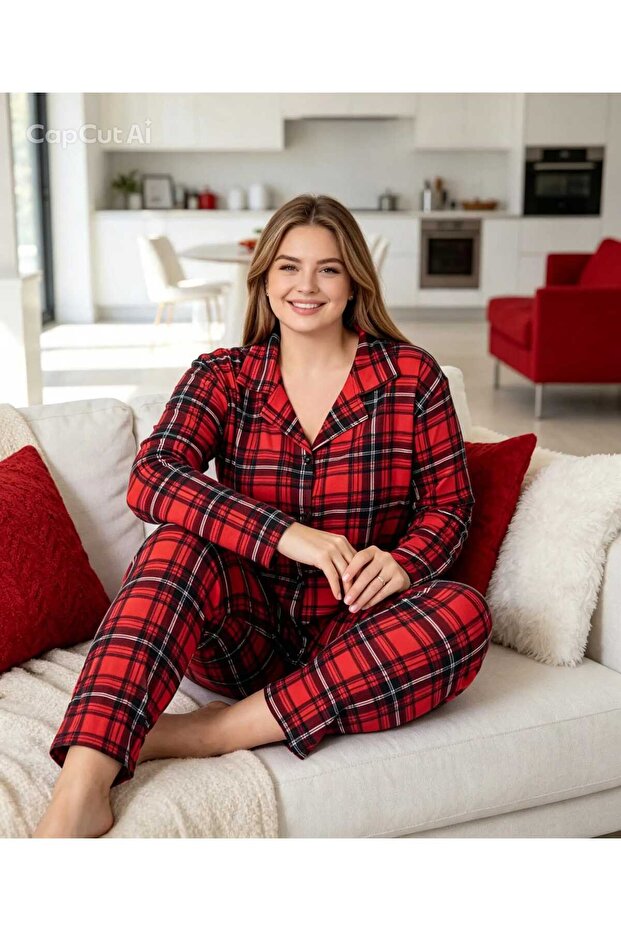 Plus Size Red Plaid Stylish Comfortable Soft Long Sleeve Shirt Collar Buttoned Women's Pajama Set (3Xl-4Xl-5Xl Sizes)