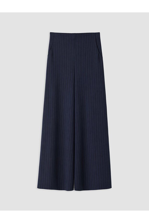 Ozmarka New Season Navy Blue Elastic Waist Striped Soft Touch Women's Trousers