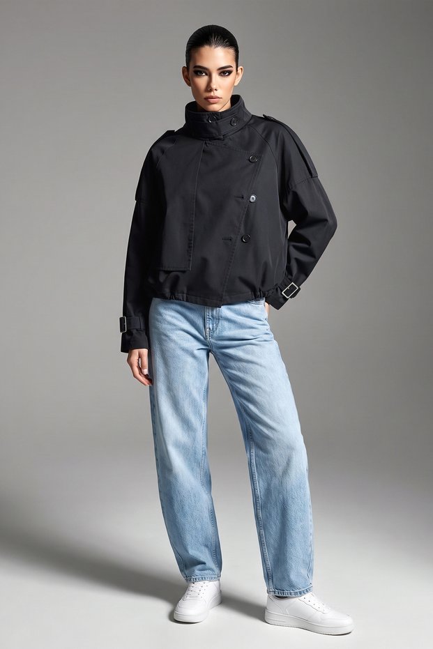 Women's Trench Coat Short Women's Trench Coat Lined Hijab Trench Coat Stand Collar Elastic Waist Trench Jacket Flowy Black