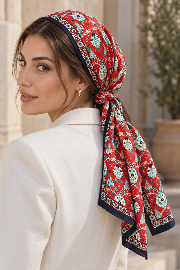 100% Silk Satin Scarf - Navy Blue - Red