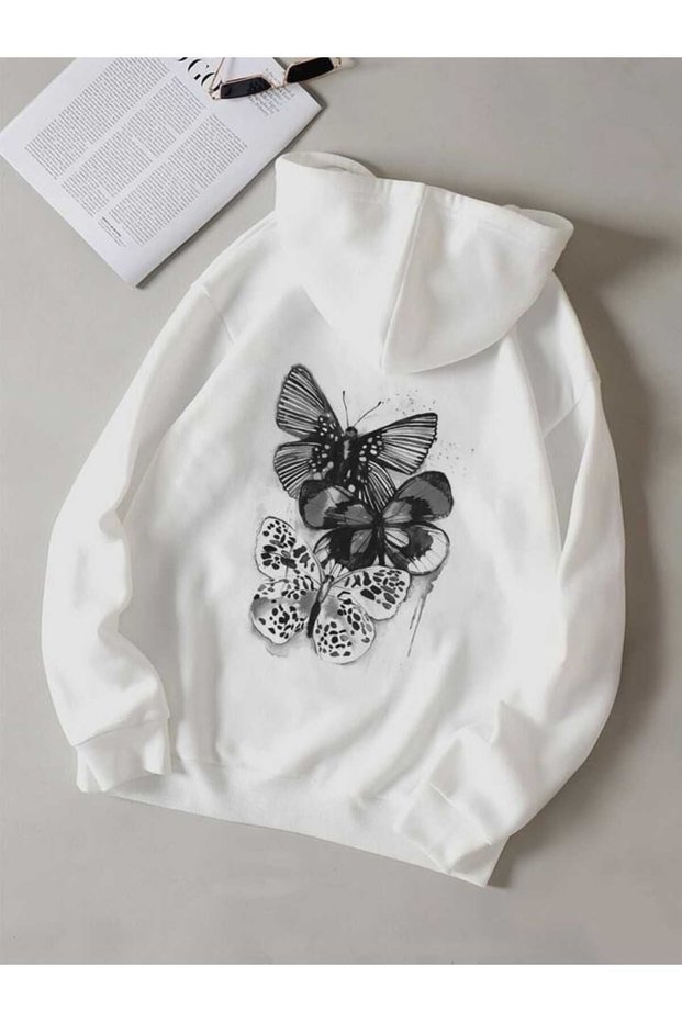 Unisex White Streetwear Oversize Hooded Casual Cotton Sweatshirt with Pockets