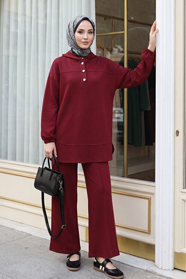 Hooded, Half-Buttoned, Elastic-Sleeved, Pocketed Pants Suit - Burgundy