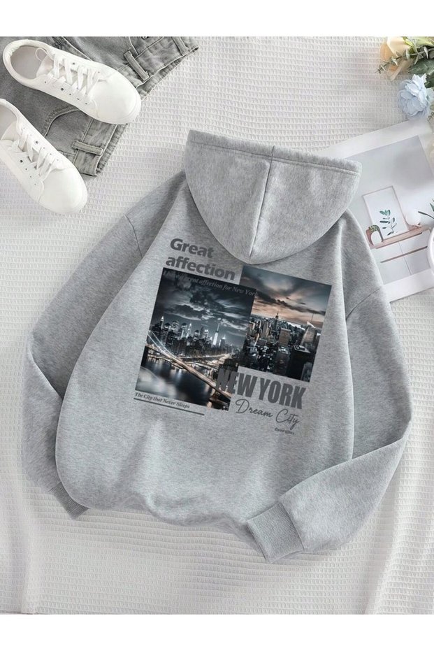 Unisex Gray Hooded Oversize Sweatshirt Comfortable Fit Cotton with Fleece Inside