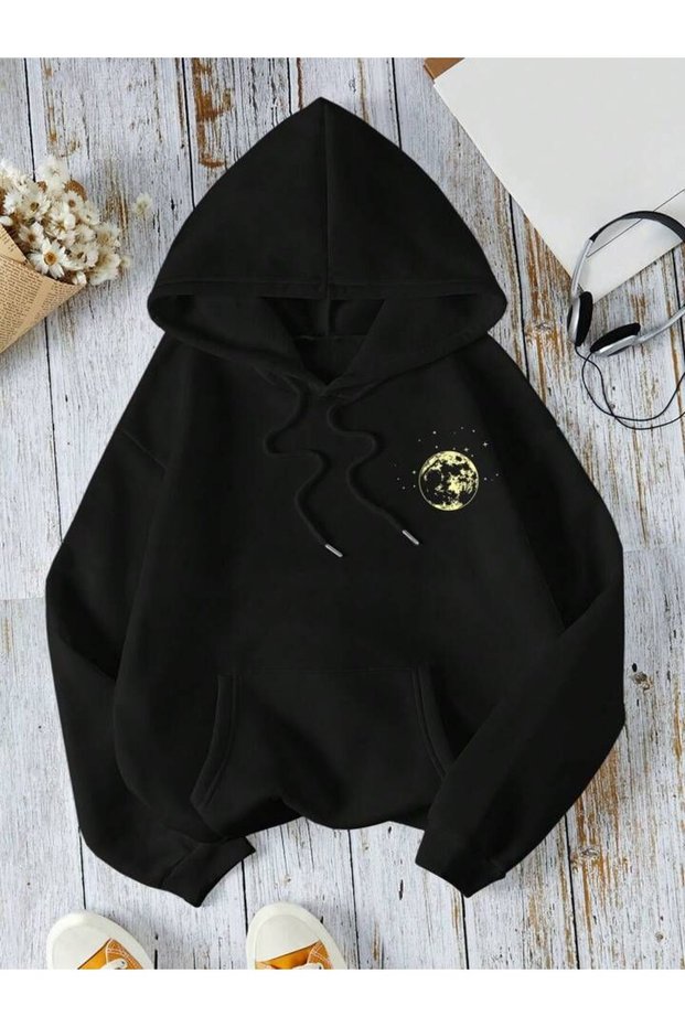 Unisex Black Oversize Hooded Sweatshirt with Kangaroo Pocket, 3 Thread Raster Hoodie