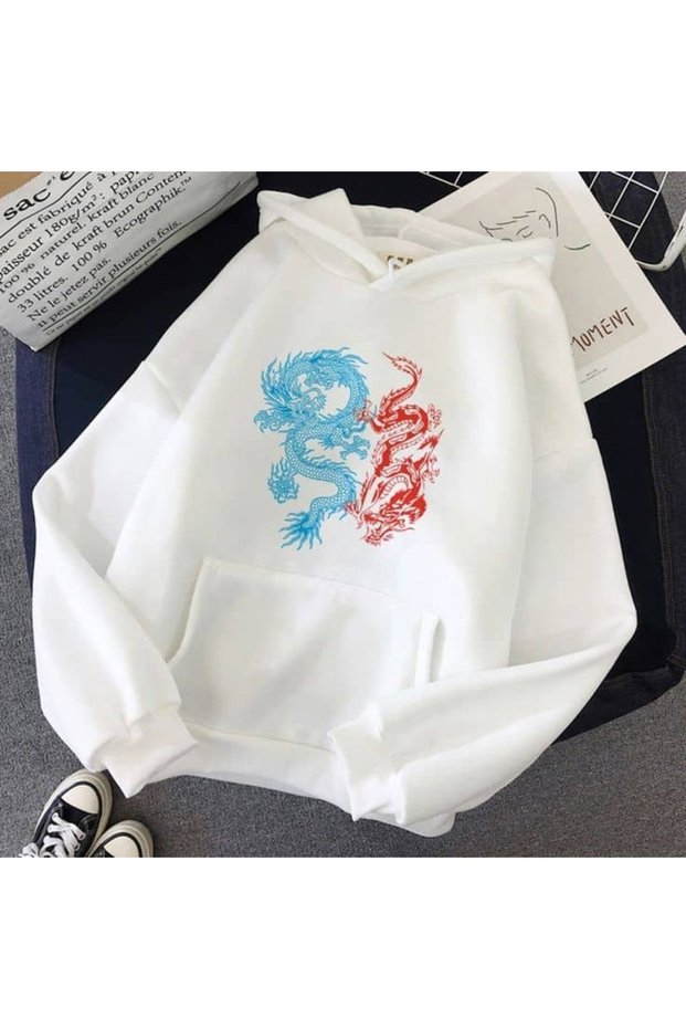 Unisex White Off-Shoulder Oversize Hooded Casual Sweatshirt with Kangaroo Pocket