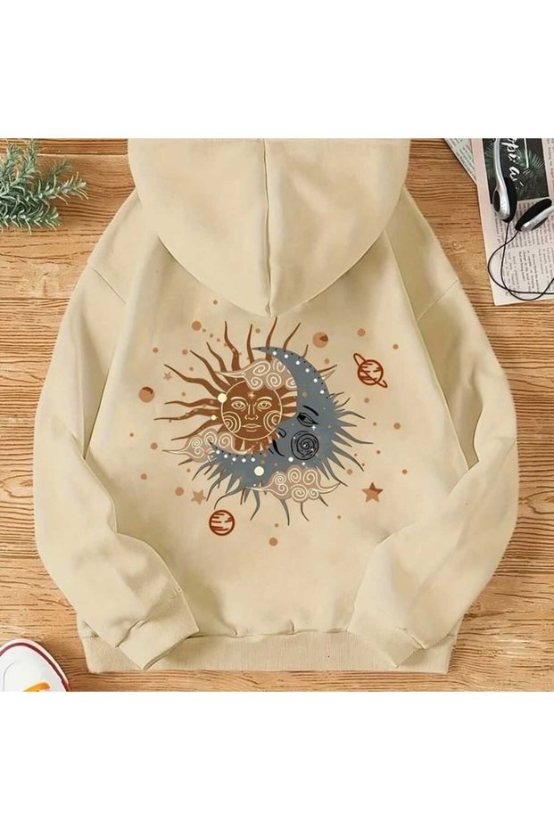 Unisex Beige Hooded Oversize Sweatshirt Comfortable Fit Cotton with Fleece Inside