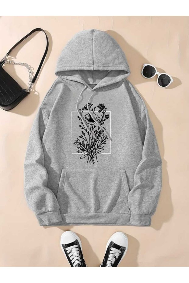 Unisex Gray Low Shoulder Oversize Hooded Casual Sweatshirt with Kangaroo Pocket