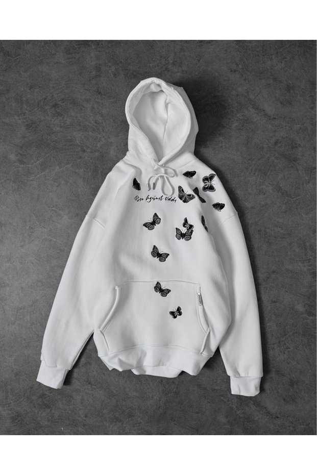 Unisex White Oversize Hooded Sweatshirt with Kangaroo Pocket, 3 Thread Raster Hoodie