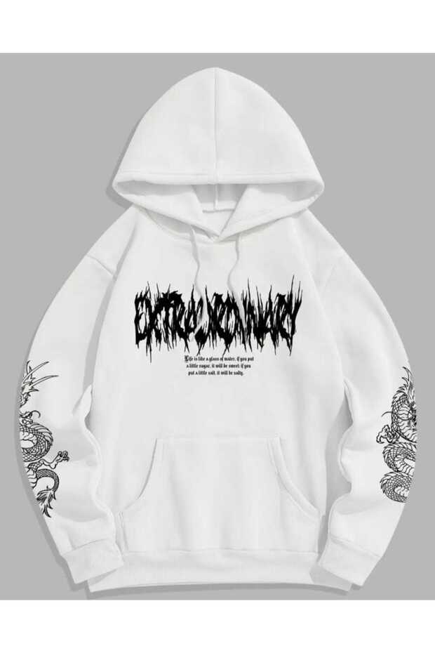 Unisex White Relaxed Fit Hooded Kangaroo Pocket Thick Sweatshirt