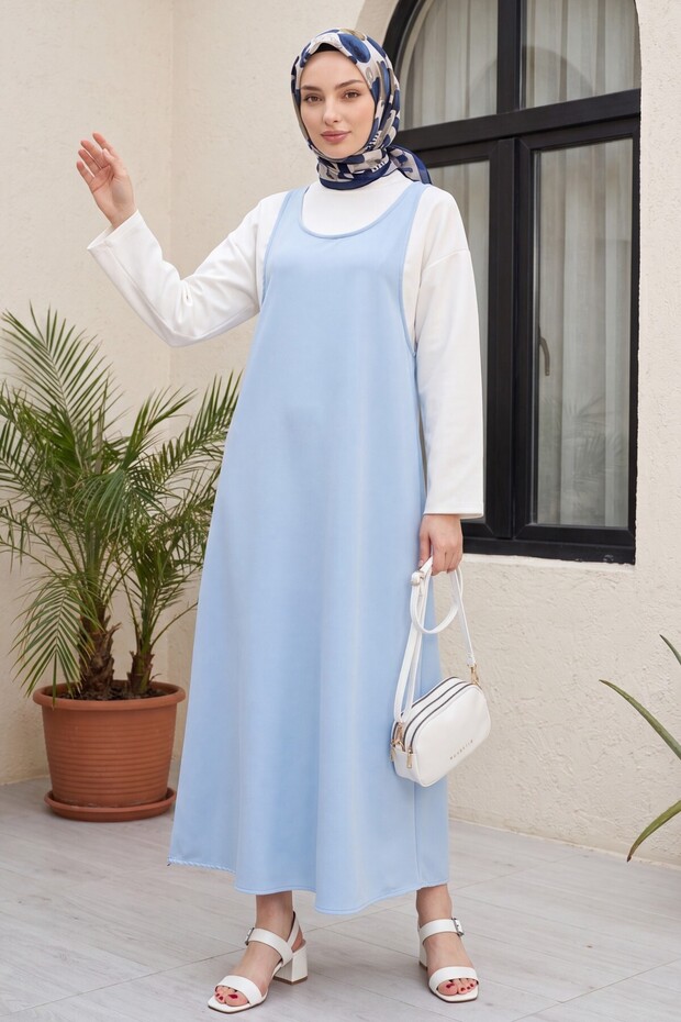High Collar Long Sleeve Blouse Dabıl Crepe Gilet Set - Baby Blue