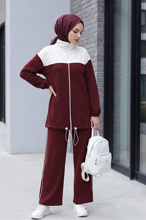 Zippered Front, Two-Strap Combed Cotton Suit with Elastic Sleeves and Skirt - Burgundy