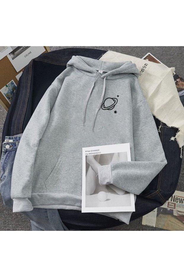 Unisex Gray Loose Fit Hooded Sweatshirt with Inner Pockets, Warm Hoodie