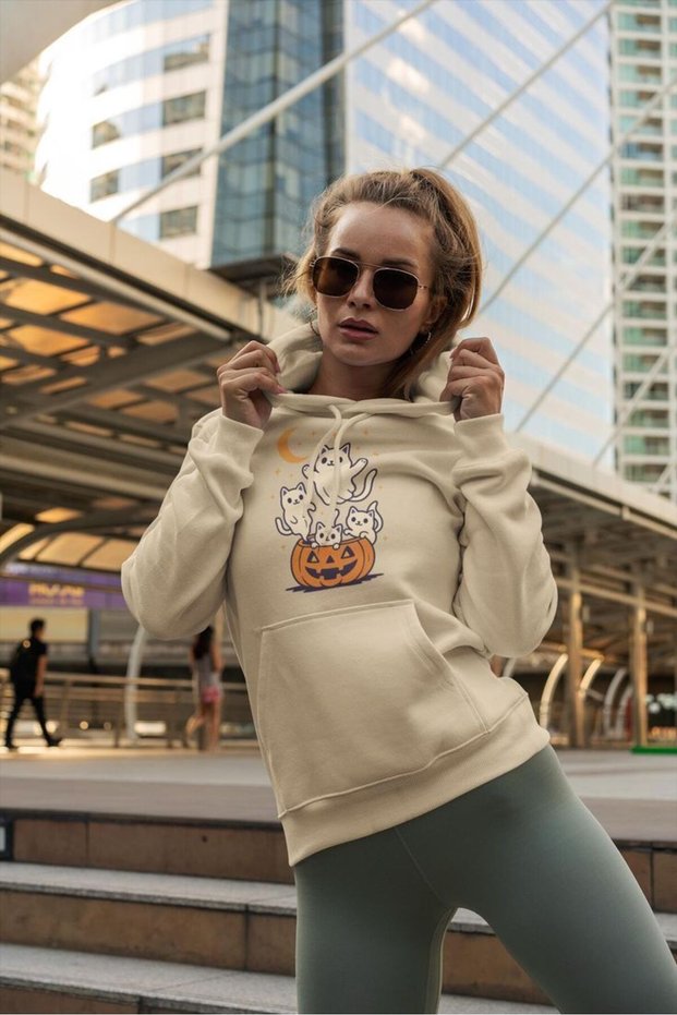 Unisex Beige Loose Cut Hooded Sweatshirt with Inner Pockets Warm Hoodie