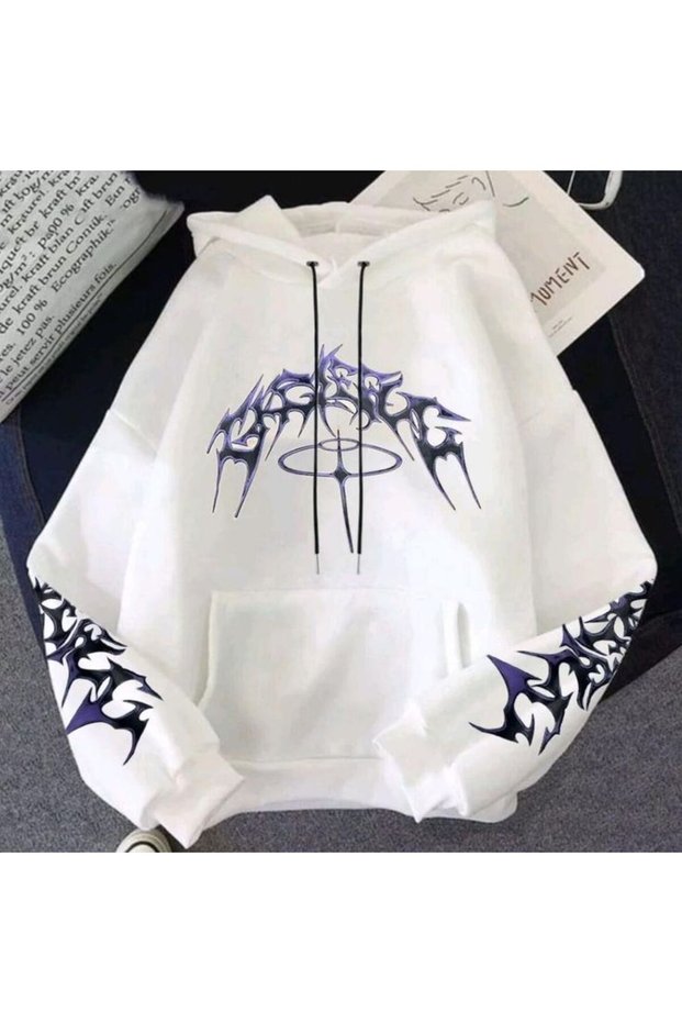 Unisex White Streetwear Oversize Hooded Casual Cotton Sweatshirt with Pockets