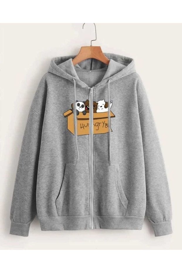 Unisex Gray Streetwear Oversize Hooded Casual Cotton Sweatshirt with Pockets