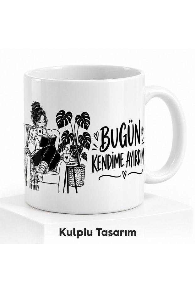 Today I Reserved Myself Written Porcelain Mug 300 ml – Woman Reading a Book Patterned Coffee and Tea Cup
