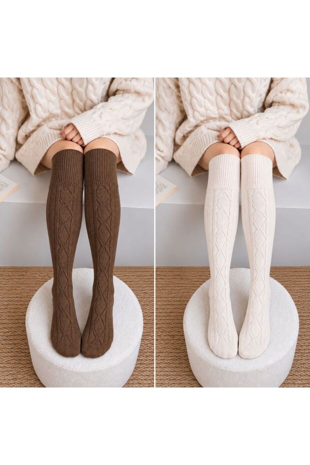 2 Pairs of Thick Winter Self-Patterned Long Wool Socks