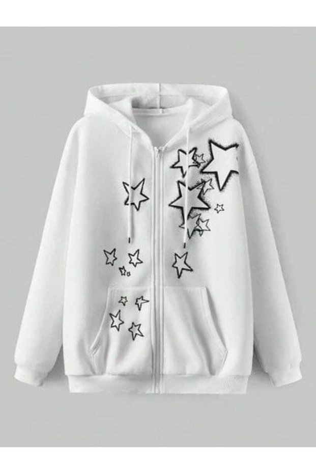 Unisex White 3 Thread Raster Oversize Hooded Sweatshirt Basic Comfortable Cut