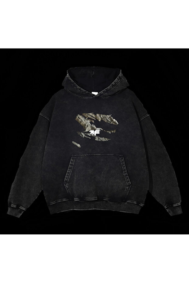 Unisex Anthracite Washed Kangaroo Pocket Hooded Casual Sweatshirt with Vintage Effect