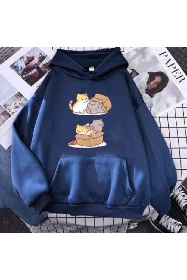 Modexa Unisex Hoody Navy Blue Streetwear Oversize Hooded Casual Cotton Sweatshirt with Pockets