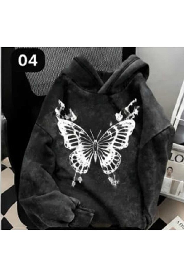 Unisex Anthracite Washed Fabric Casual Fit Hooded Sweatshirt with Kangaroo Pocket