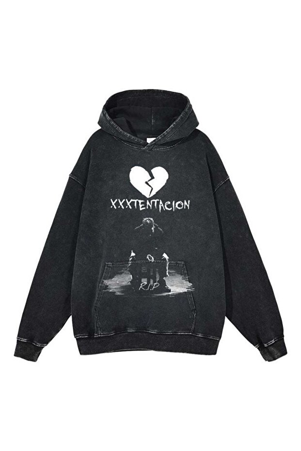 Unisex Anthracite Vintage Effect Washed 3 Thread Hooded Sweatshirt Relaxed Fit