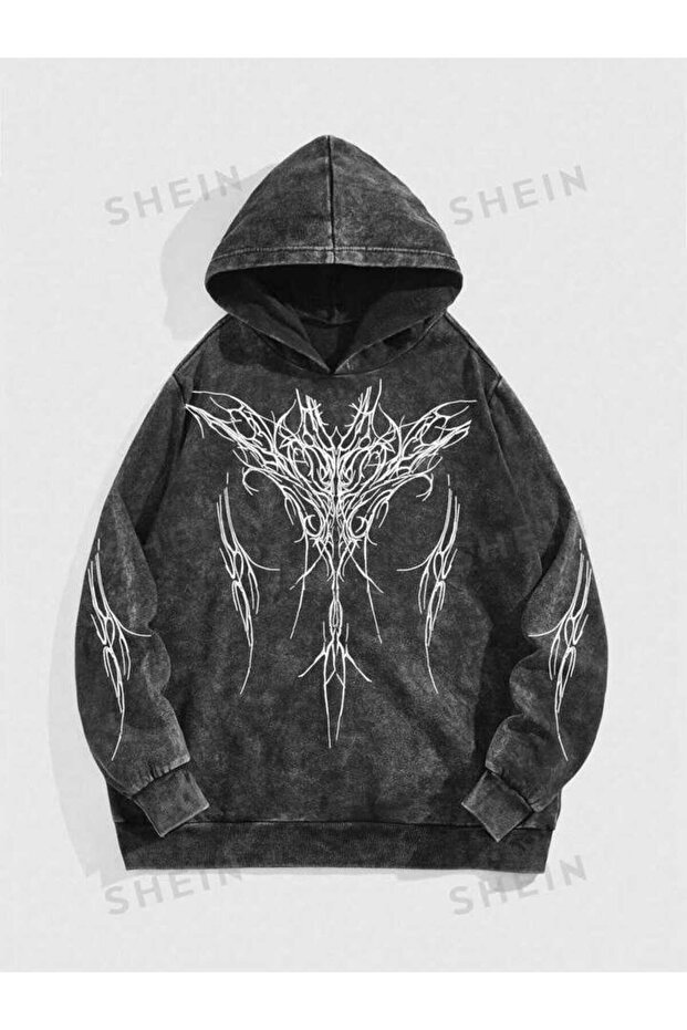Unisex Anthracite Washed Fabric Casual Fit Hooded Sweatshirt with Kangaroo Pocket