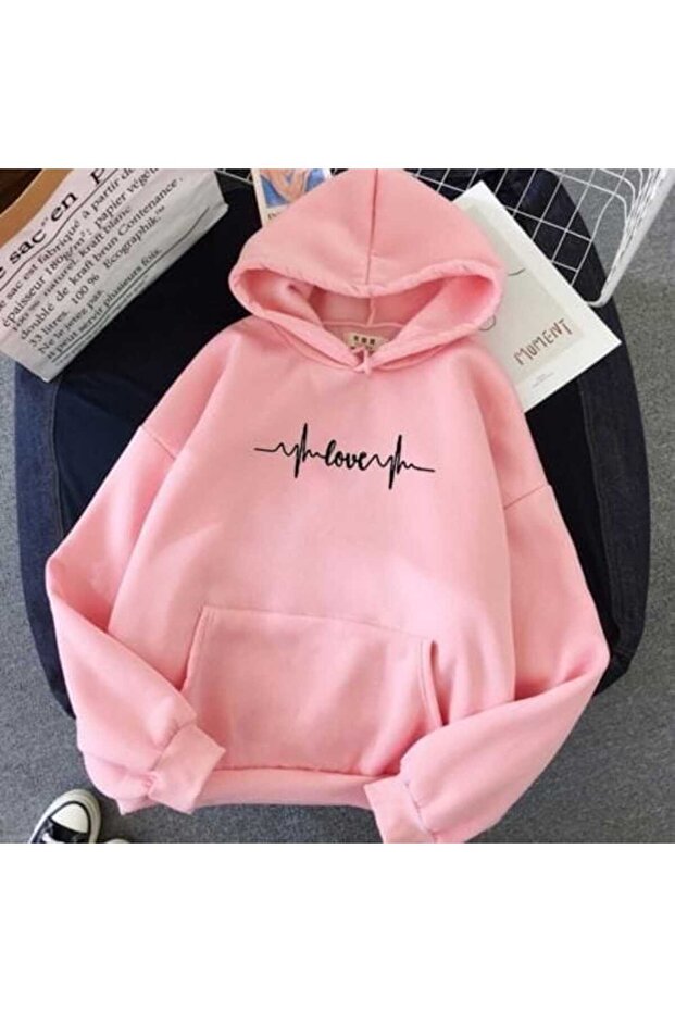 Unisex Pink 3 Thread Threaded Oversize Hooded Sweatshirt Basic Comfortable Cut