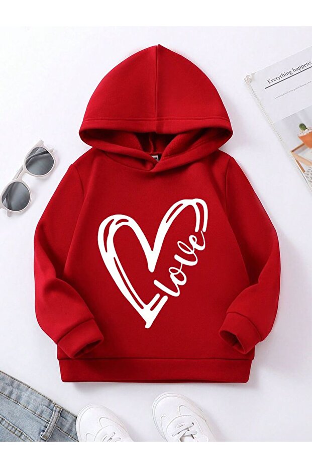Unisex Red 3 Thread Threaded Oversize Hooded Sweatshirt Basic Comfortable Cut