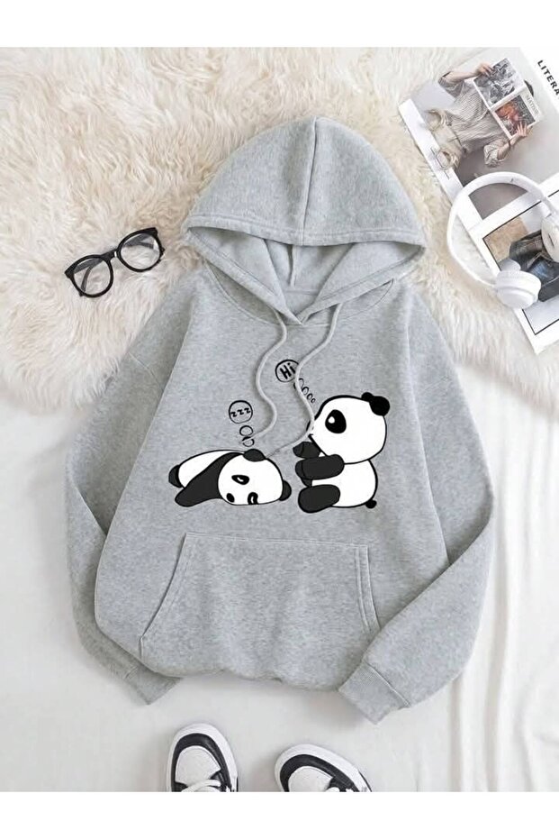 Unisex Gray Low Shoulder Oversize Hooded Casual Sweatshirt with Kangaroo Pocket