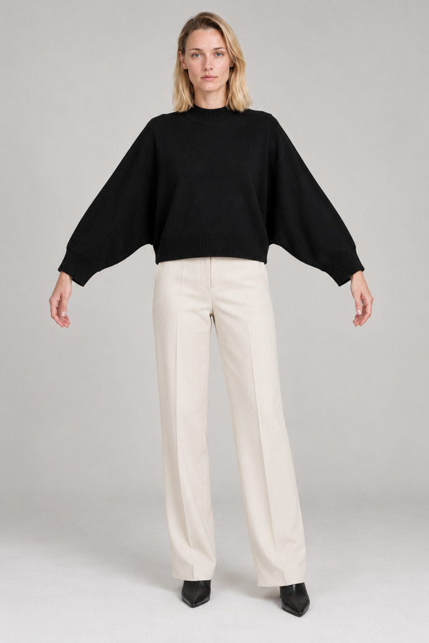 Women's Bat Sleeve Wide Cut Crop Knit Sweater Black
