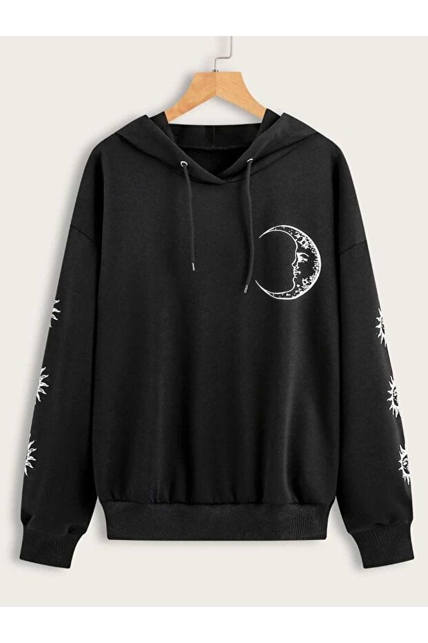 Unisex Black Off-Shoulder Oversize Hooded Casual Sweatshirt with Kangaroo Pocket